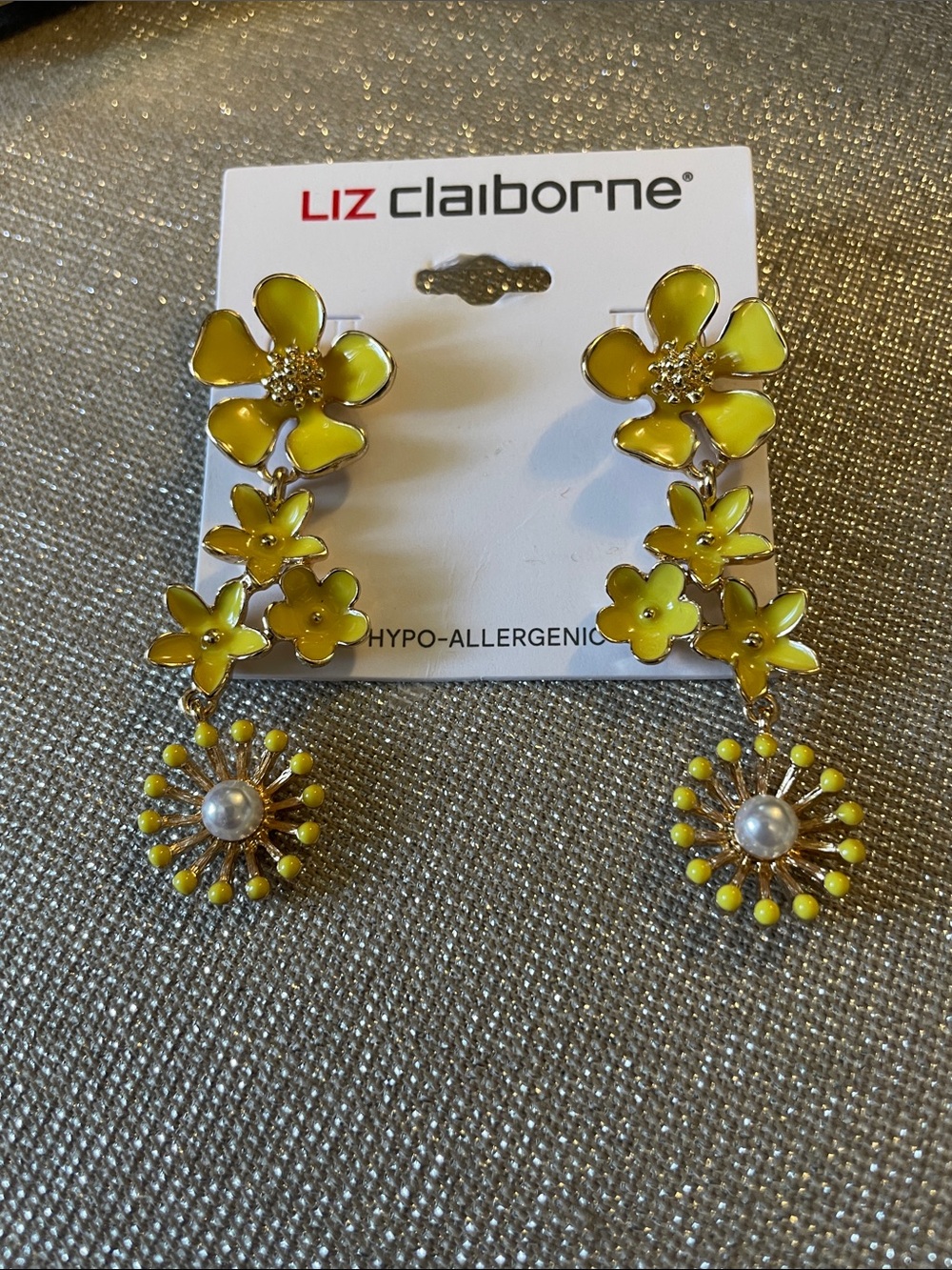 Liz Claiborne Bright Yellow Floral Drop Earrings with Pearl Sunburst